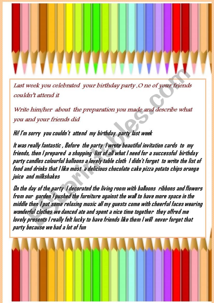  the party is on         Recycling the simple past through writing about  yesterdays birthday party + key included