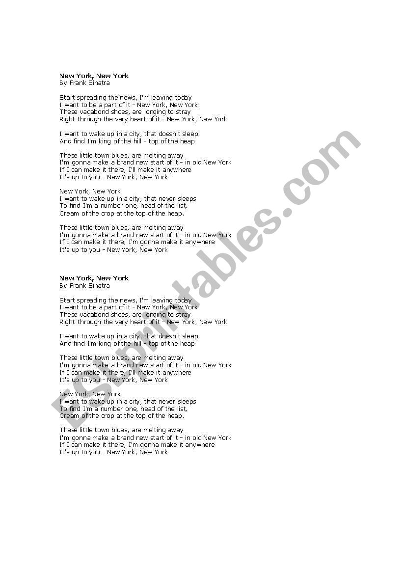 SOng New York New York worksheet