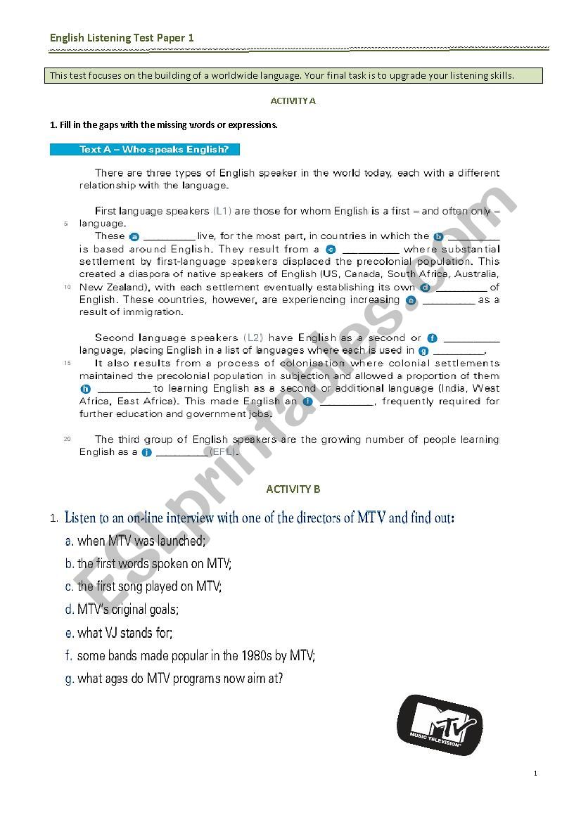 listening test 12th form worksheet