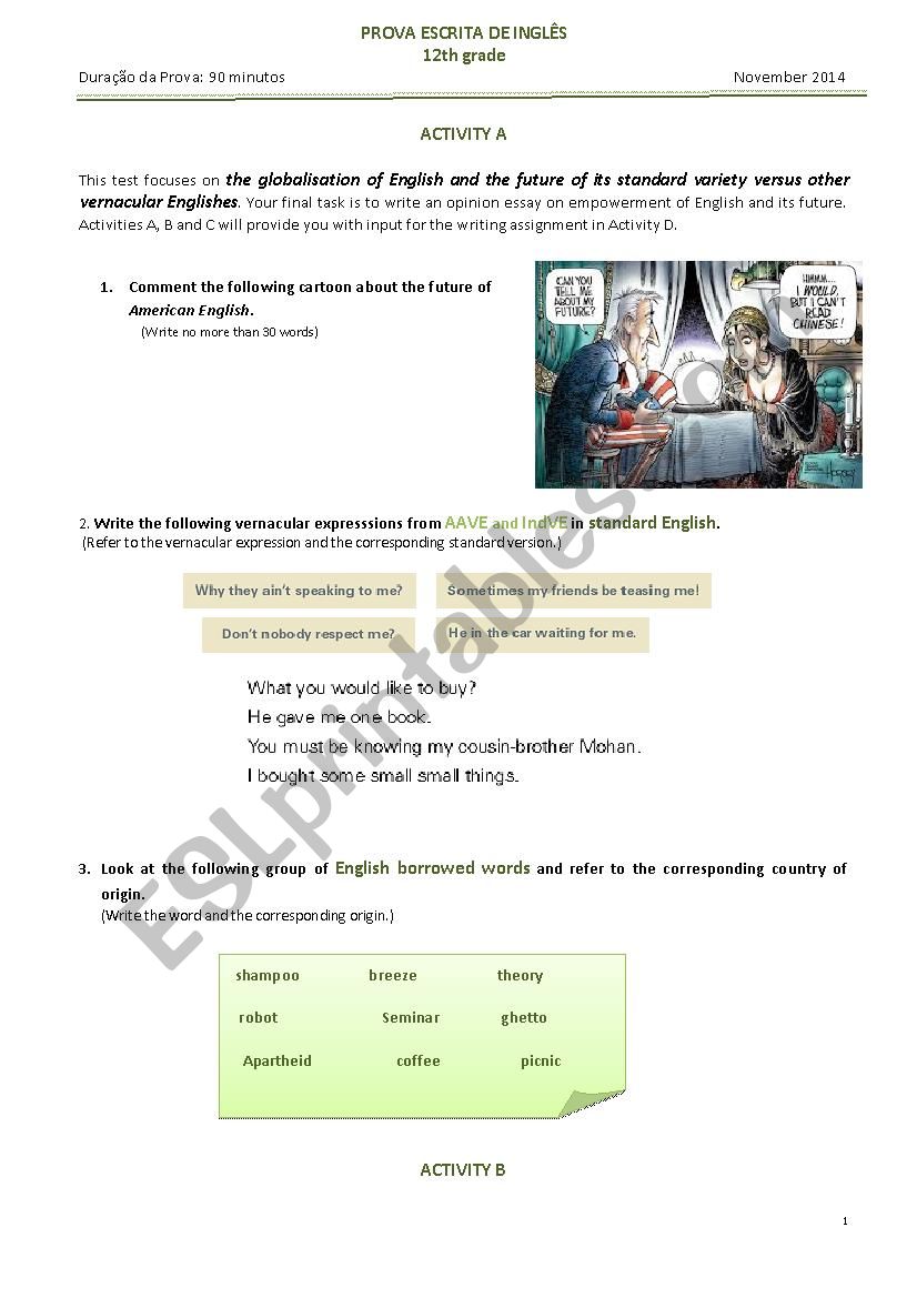  Varieties of English -  written test 12th form 