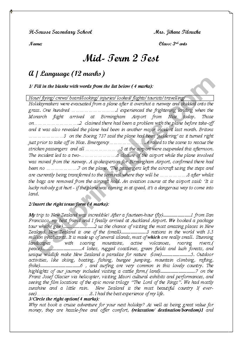 Mid term 2  test ( 3rd form) worksheet