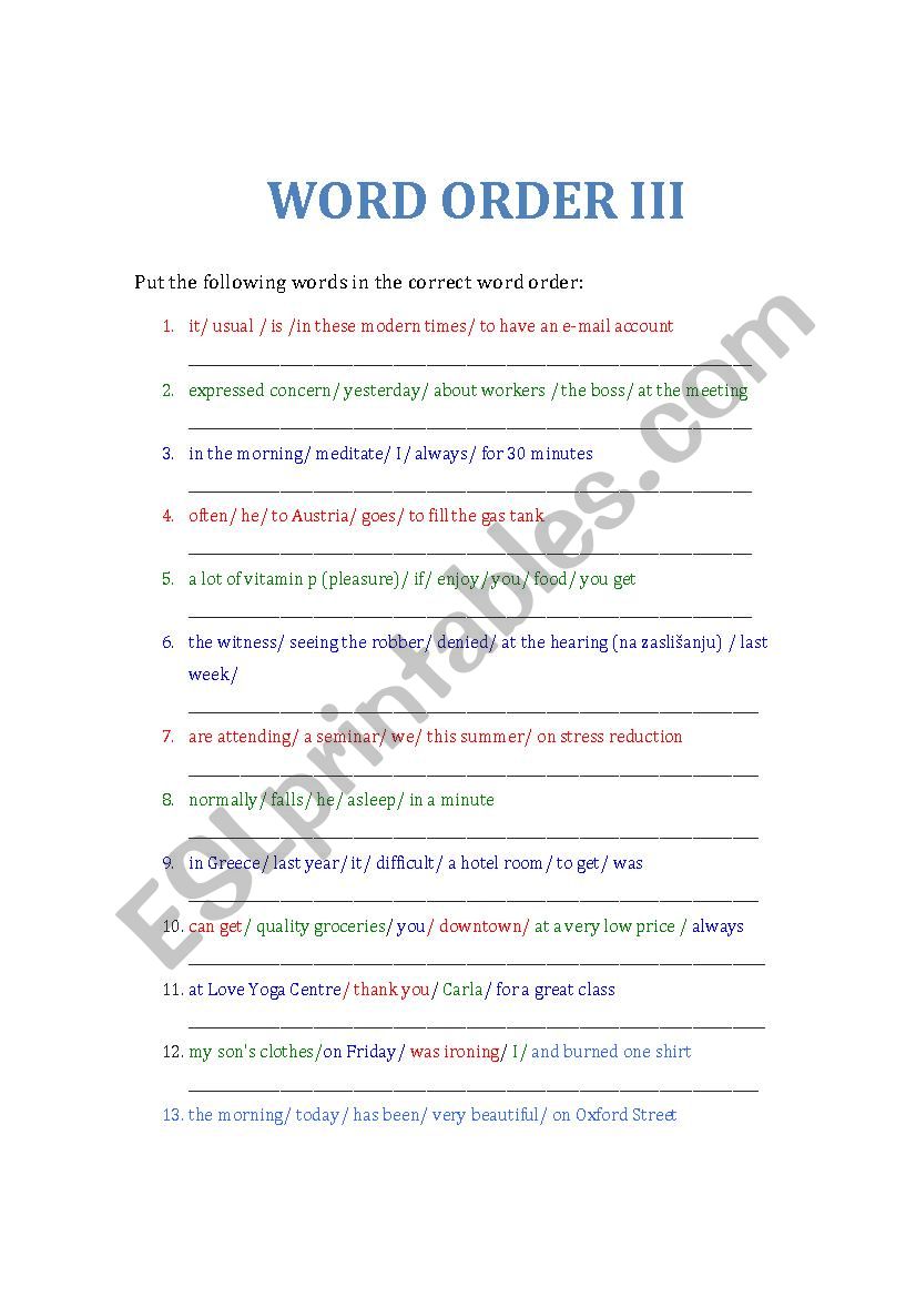 Word order worksheet