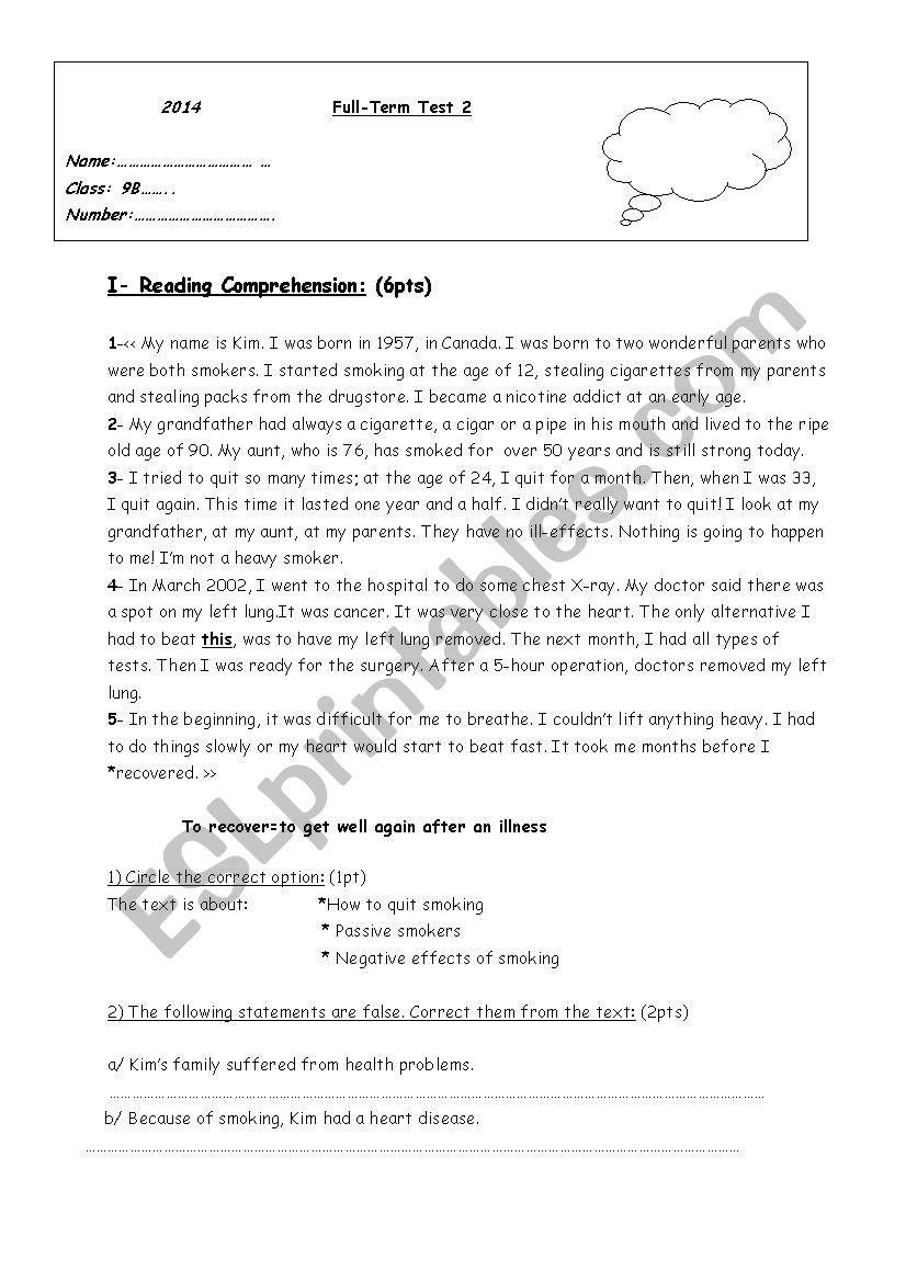 Full - Term Test 2 9th Form worksheet