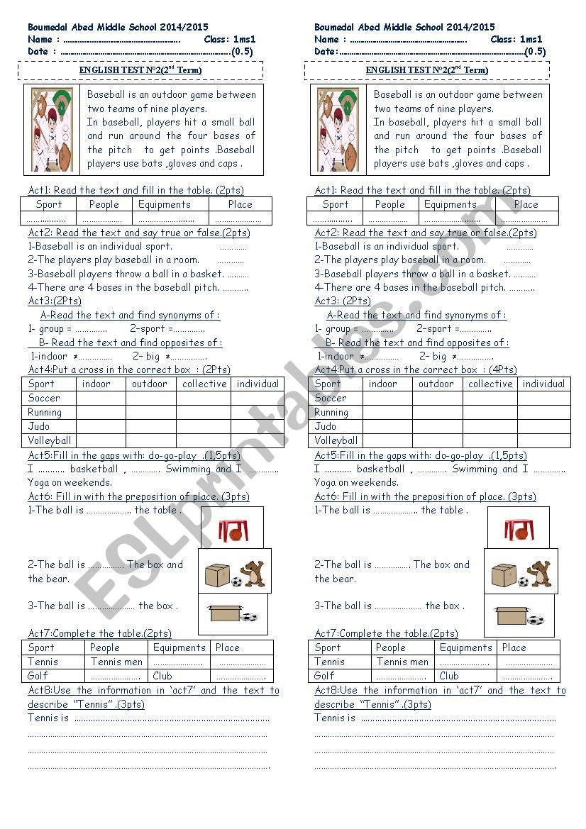 sports  test  worksheet