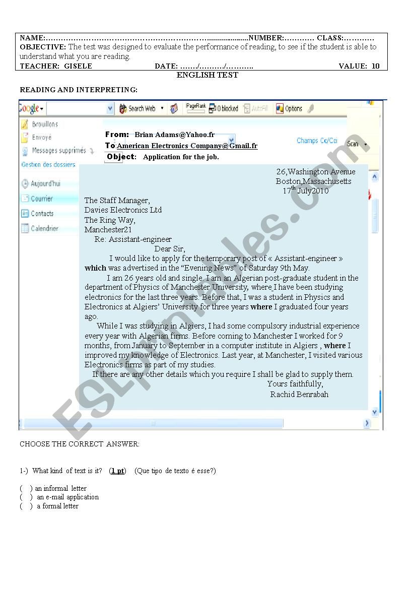 test worksheet
