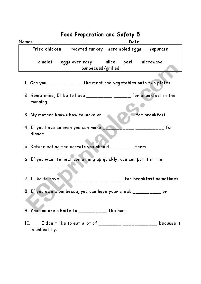 food safety  worksheet