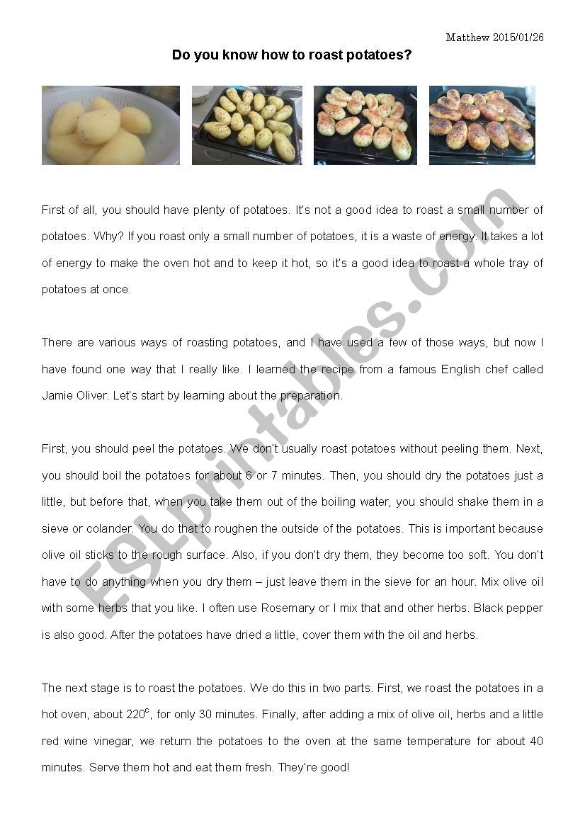 Making roast-potatoes worksheet