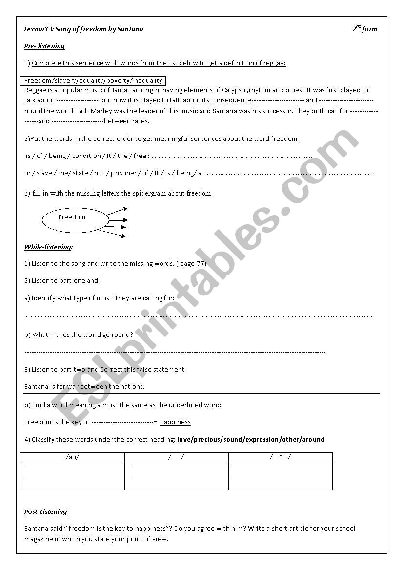 songs of freedom by Santana worksheet