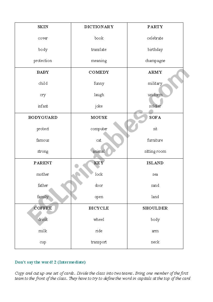 taboo game worksheet