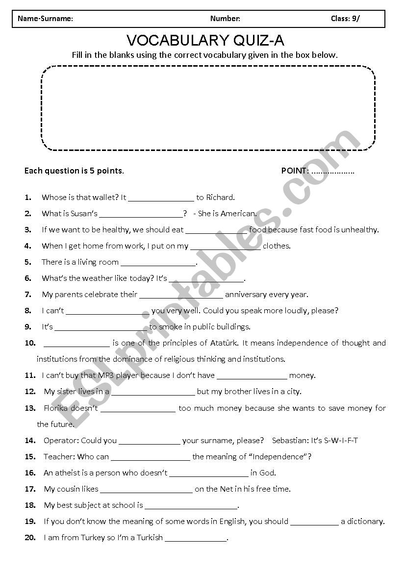 Vocabulary Quiz worksheet