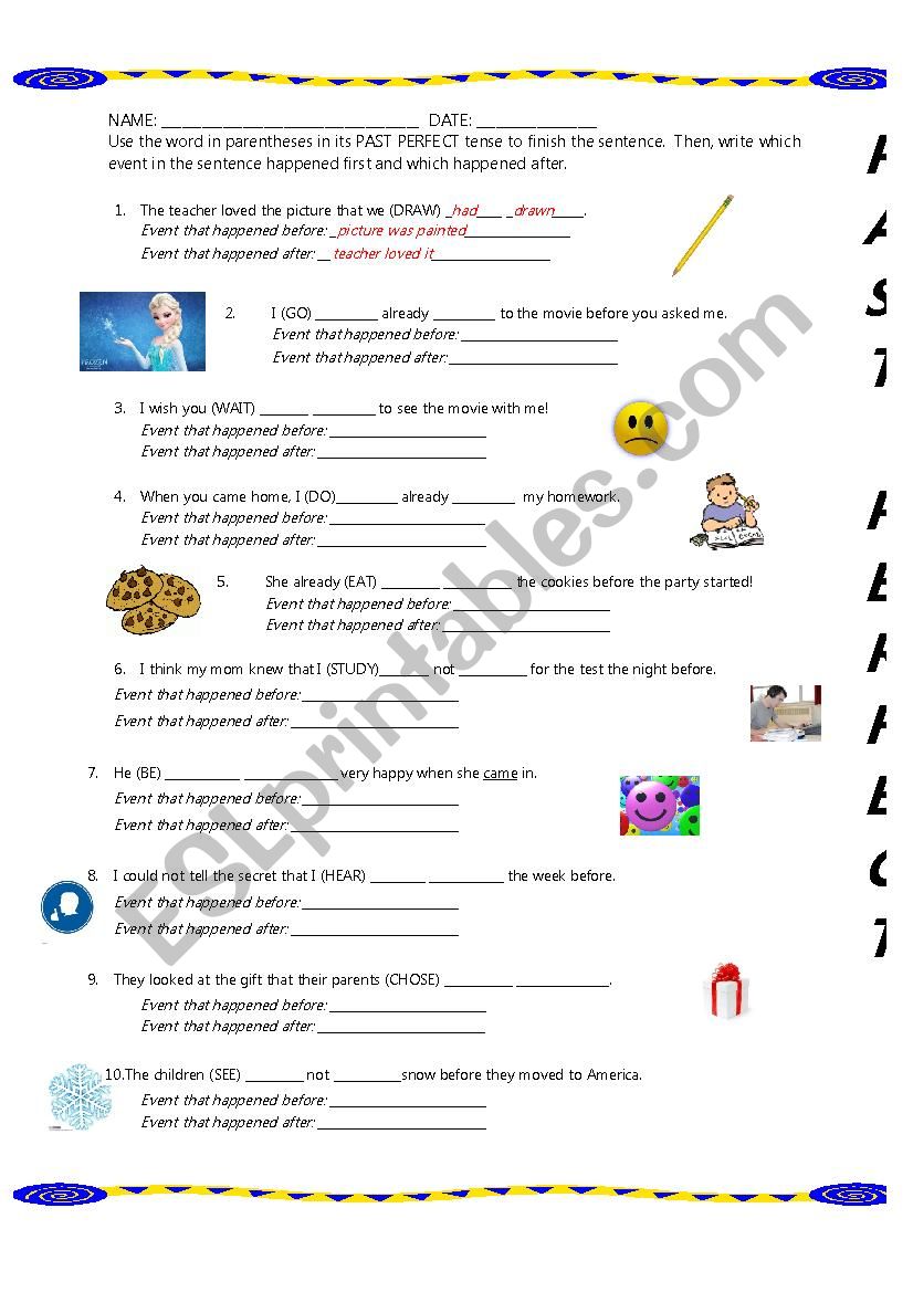 Past Perfect, broken down worksheet