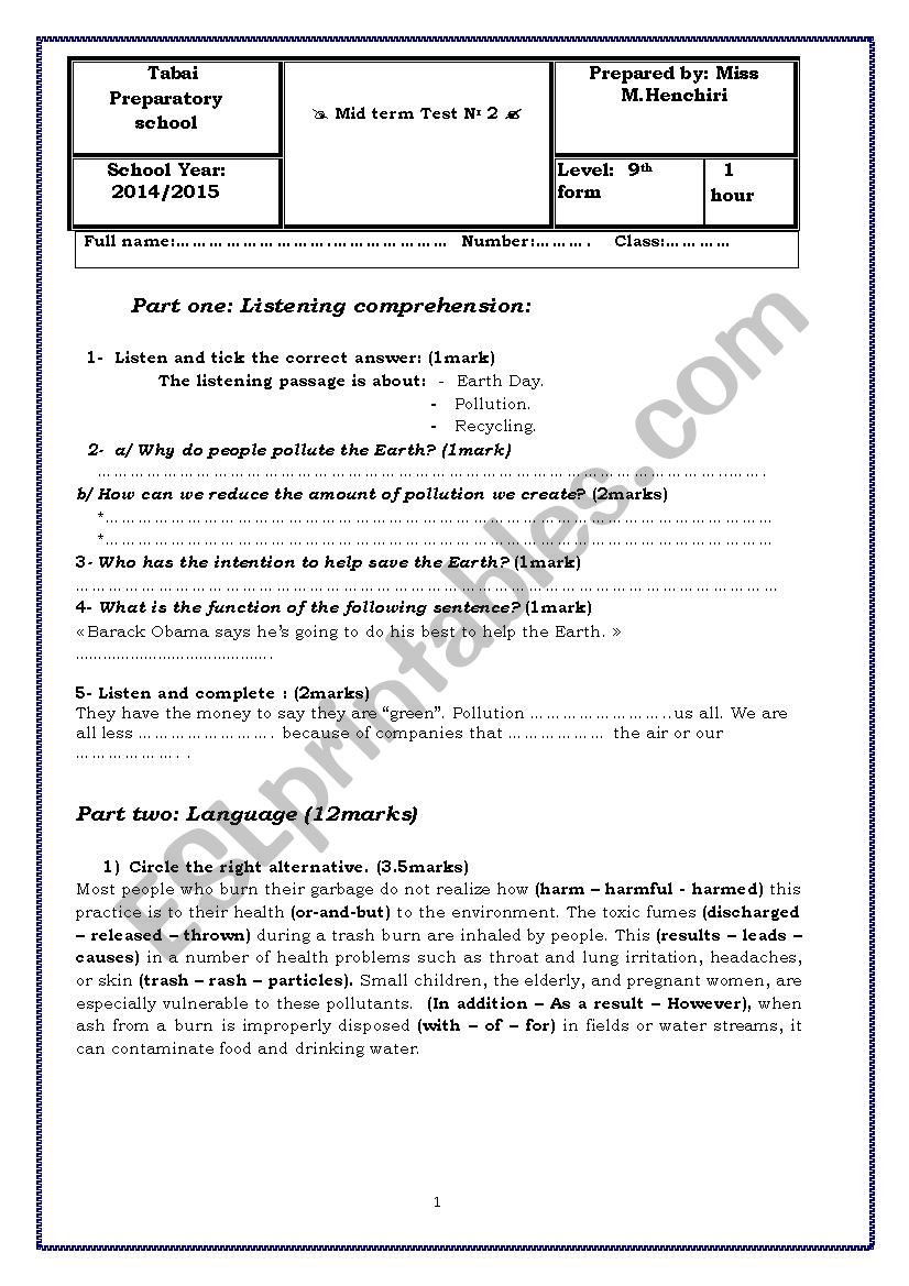 9th form Mid term Test 2 worksheet