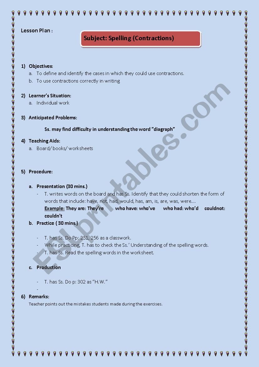 Lesson plan for spelling (contractions)