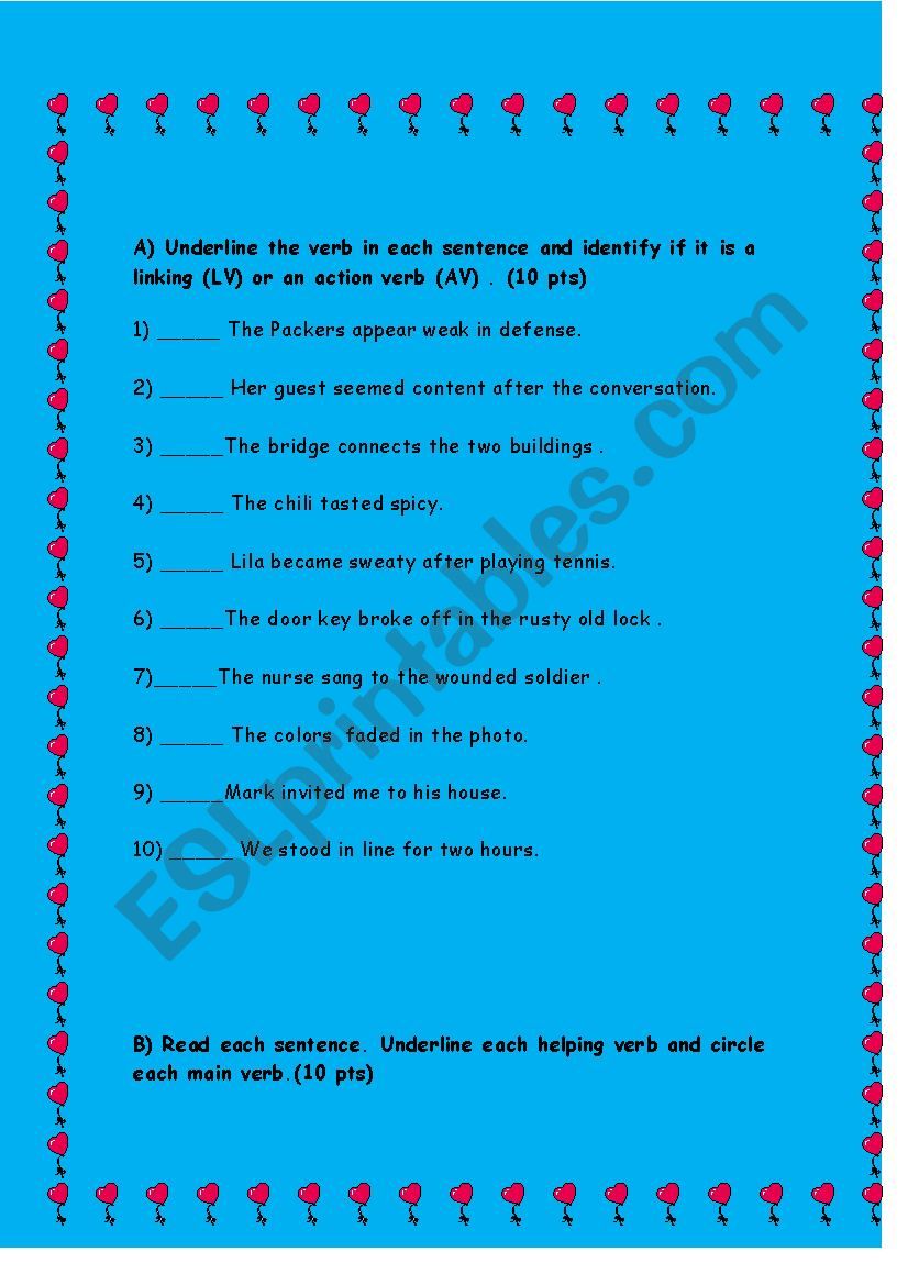action & linking verbs exercises/ possessive noun exercises
