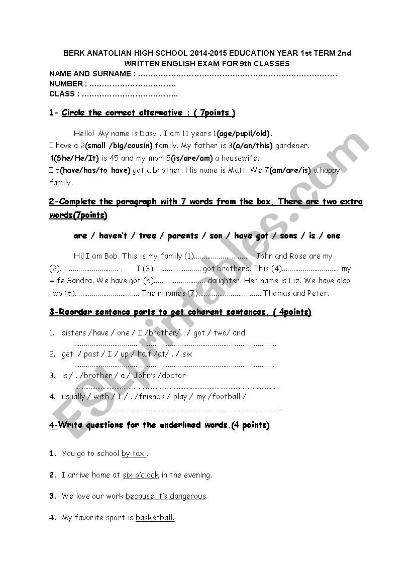 exam worksheet