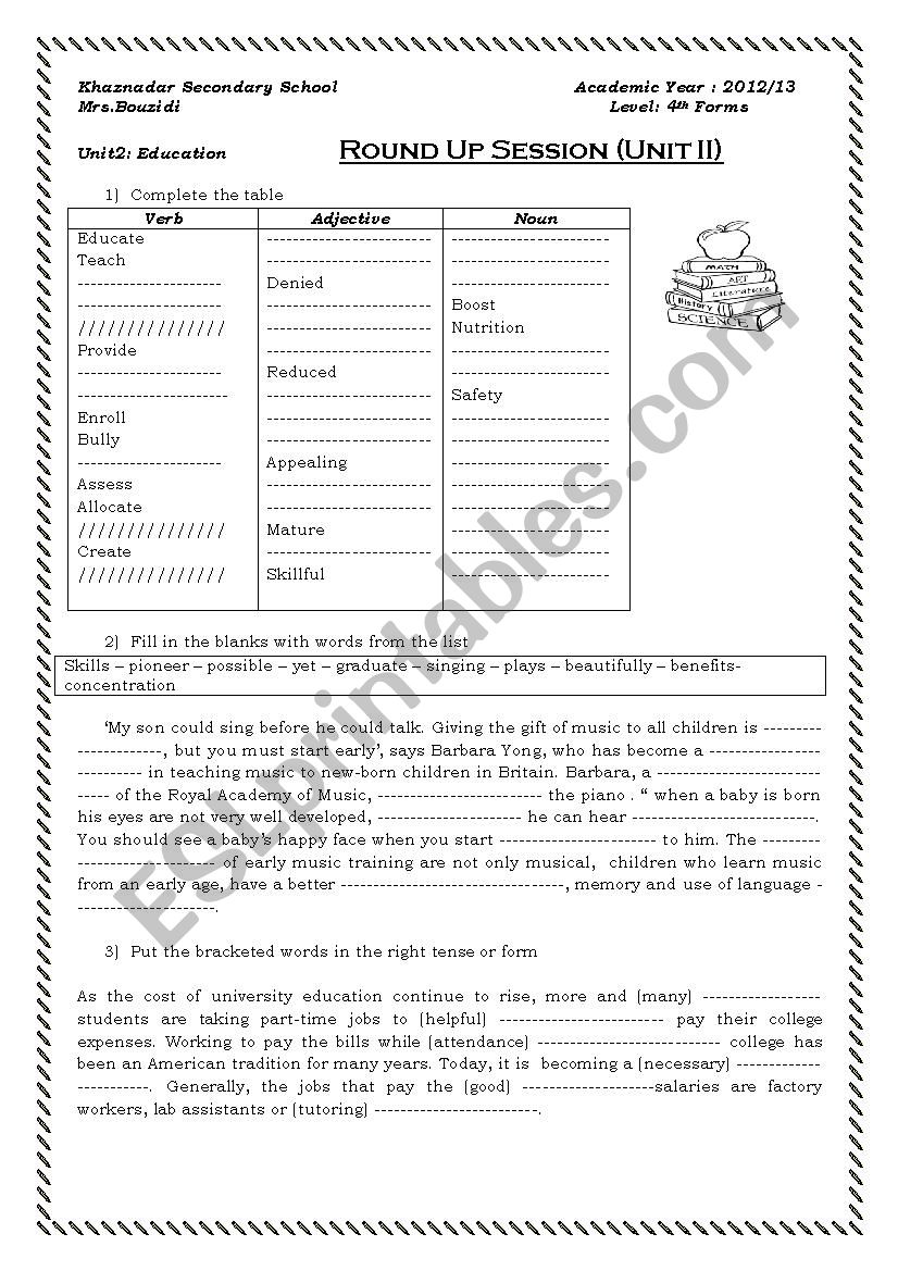 Revision tasks  worksheet