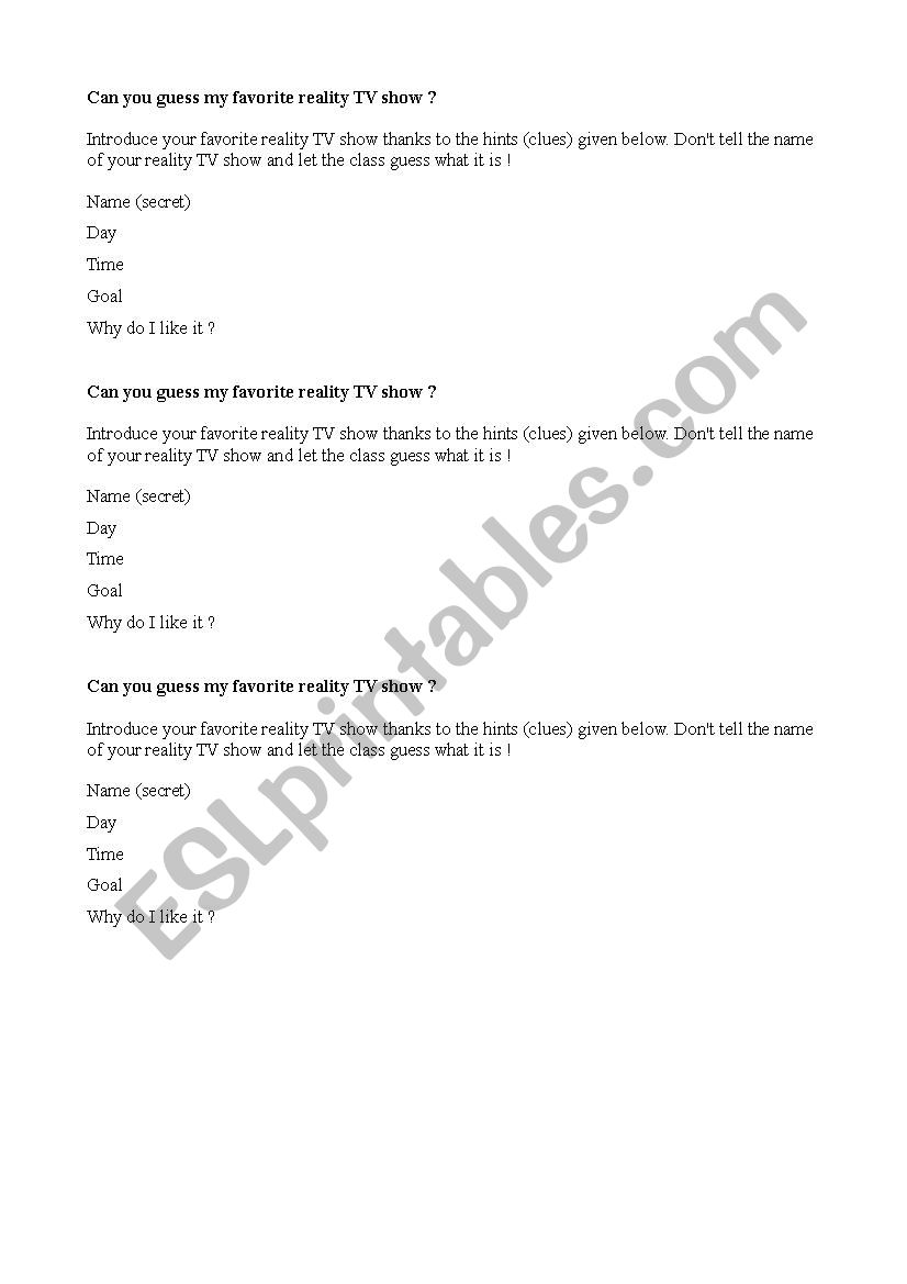 Warm up Reality TV worksheet