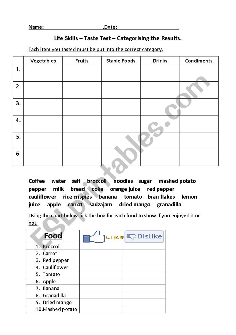 Taste Test worksheet