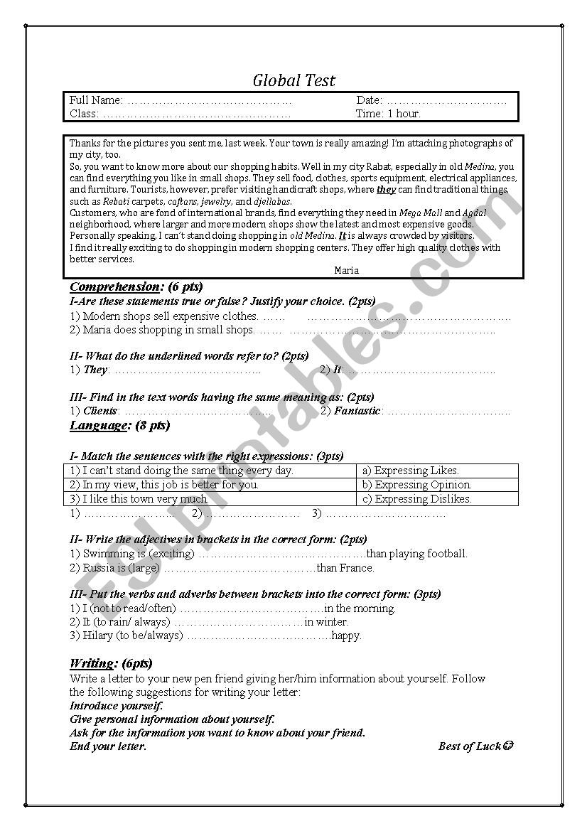 first year high school test worksheet