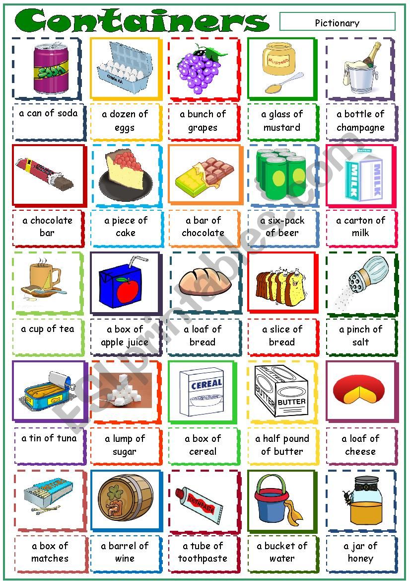 Containers * Pictionary worksheet