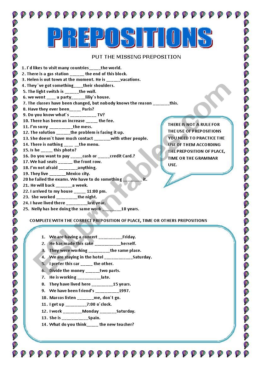 PREPOSITIONS  worksheet