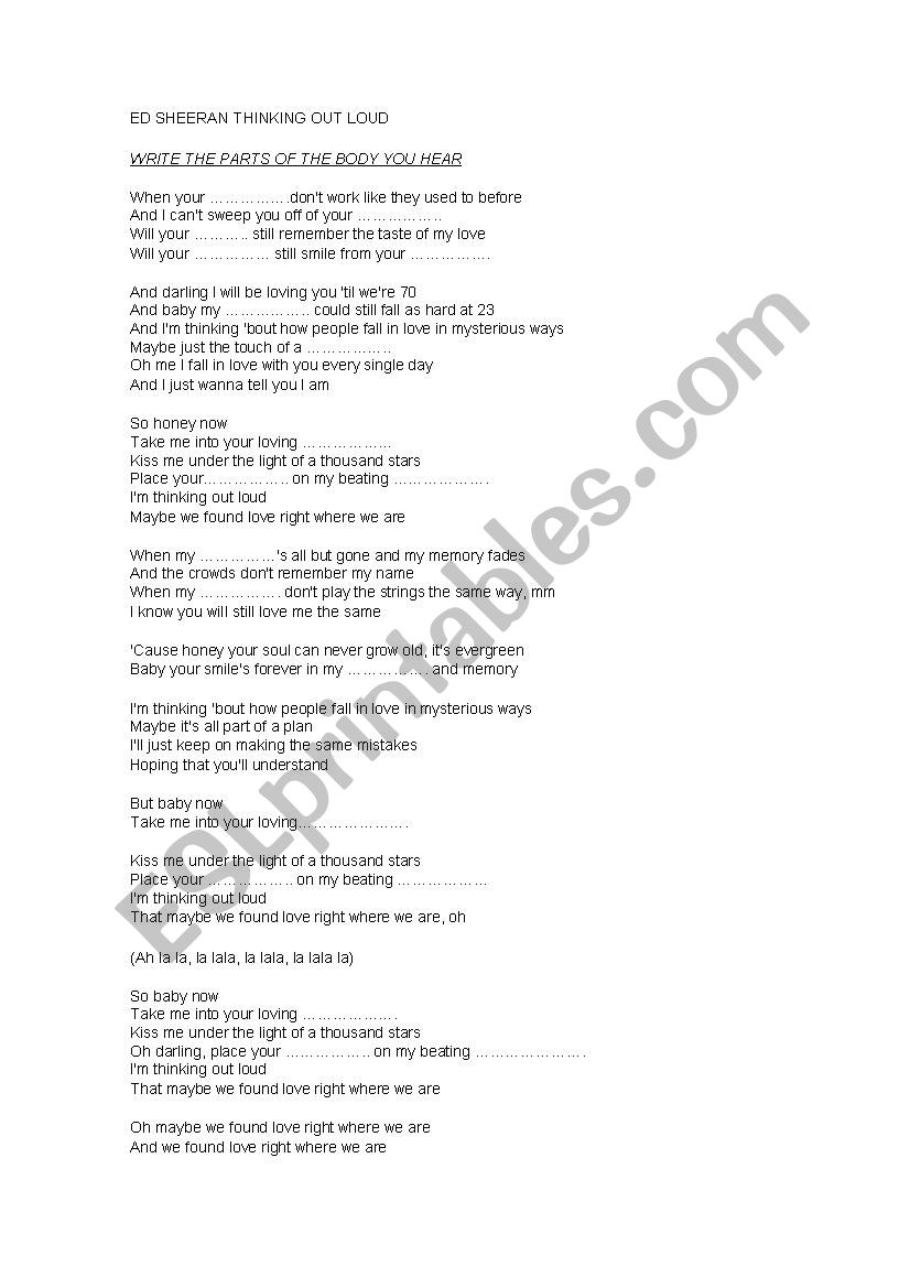 thinking out loud ed sheeran worksheet