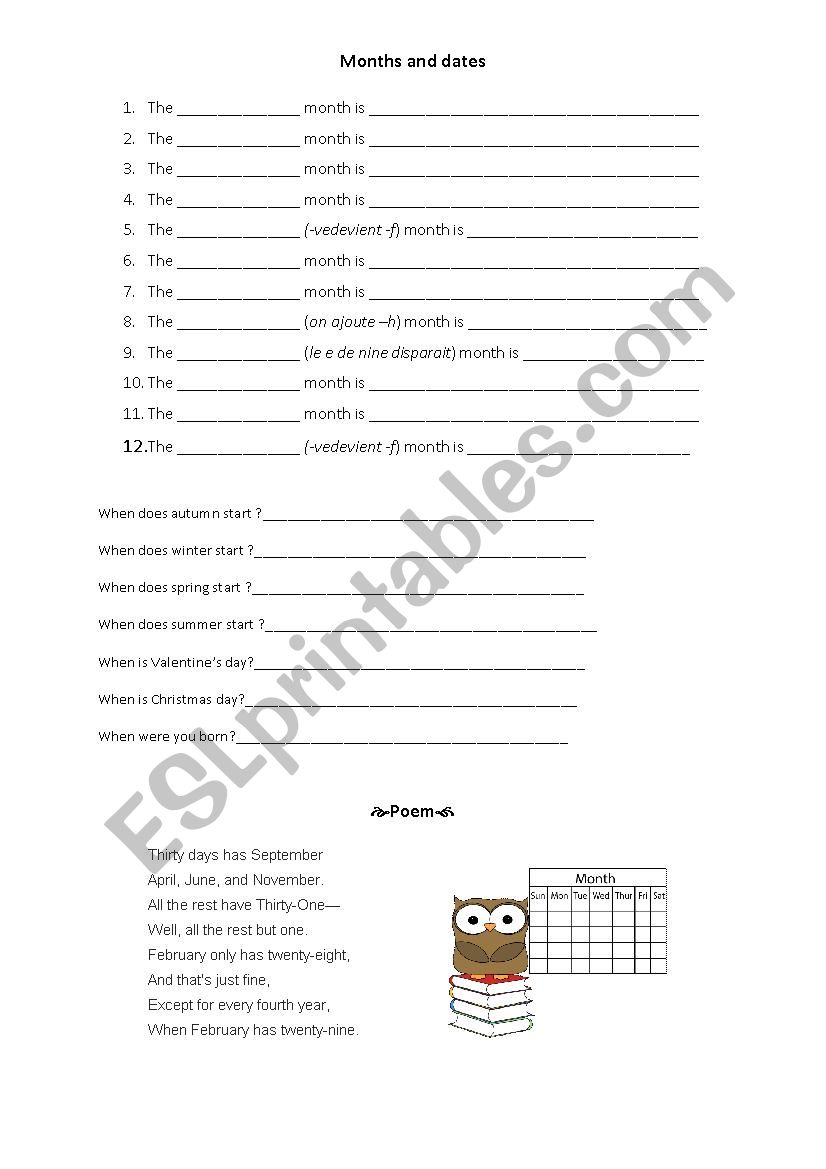 Months and dates worksheet