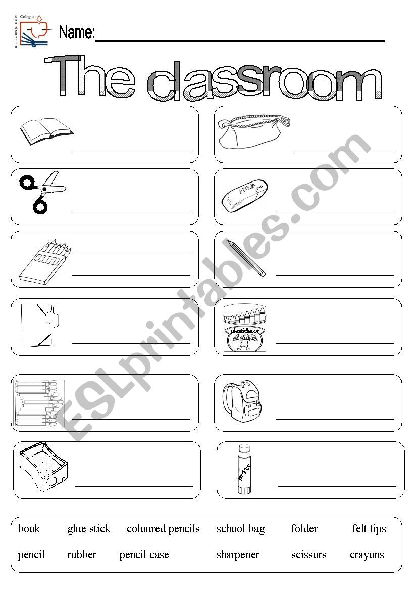 Colouring picture dictionary on classroom objects