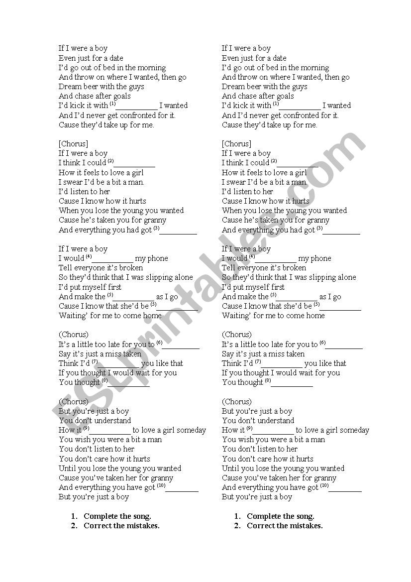 If I were a boy - Beyonc worksheet