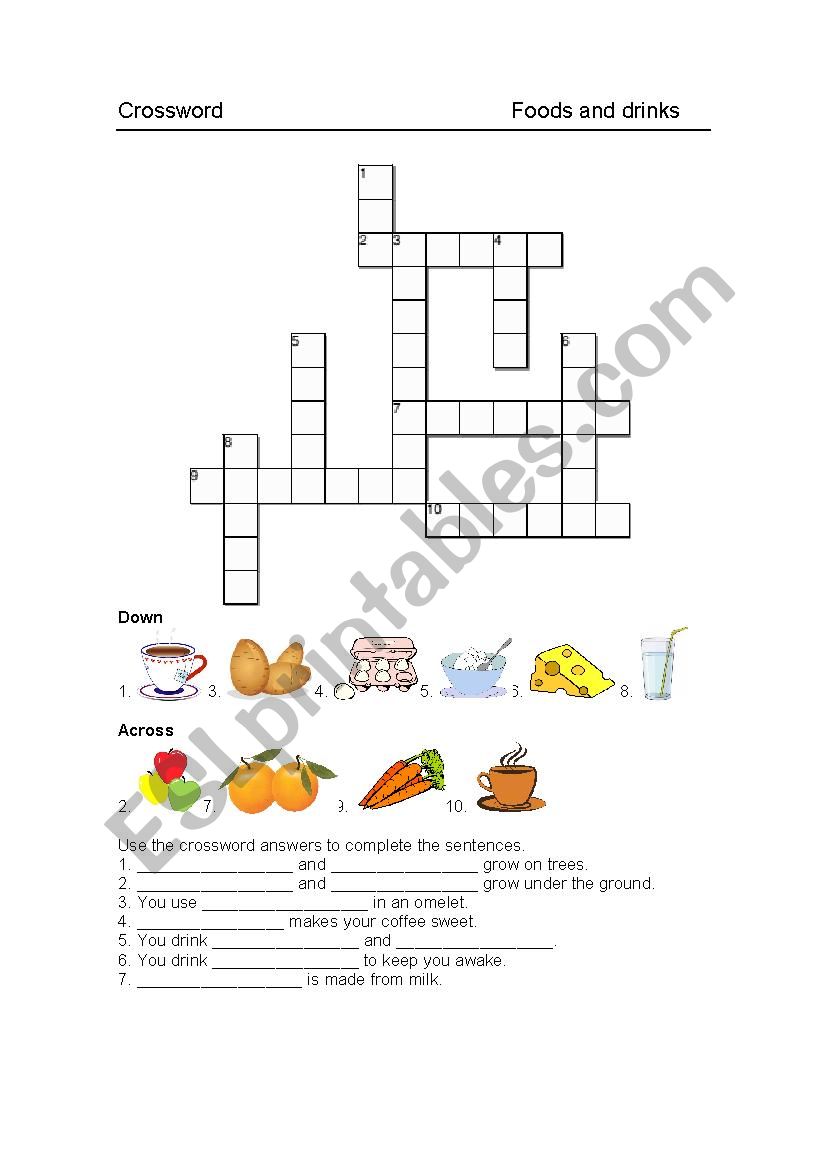 Foods and drinks crossword worksheet
