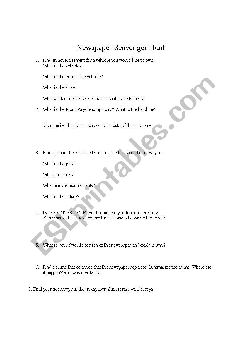 Newspaper Scavenger Hunt worksheet