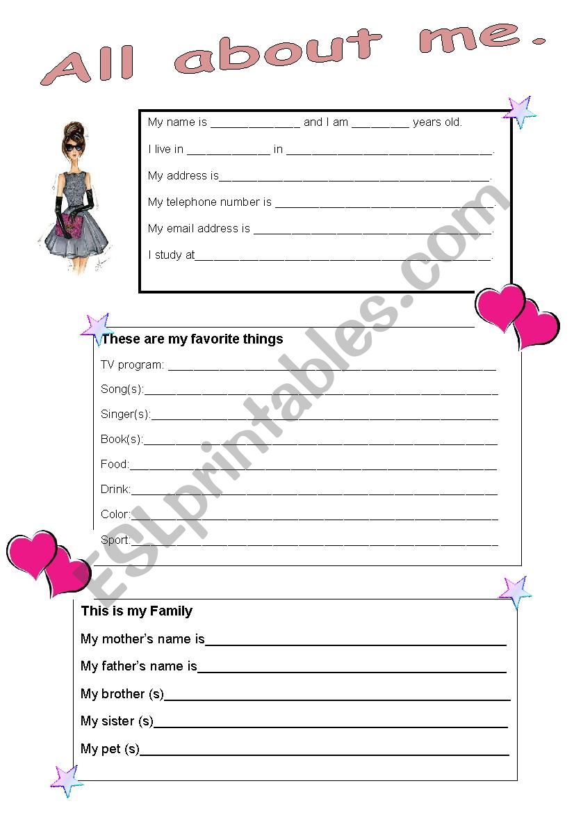 Girl-all about me worksheet