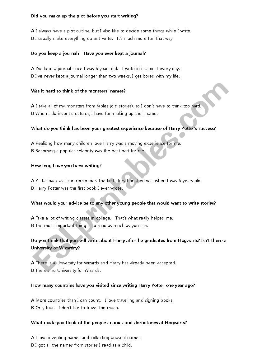 JK Rowling Interview worksheet