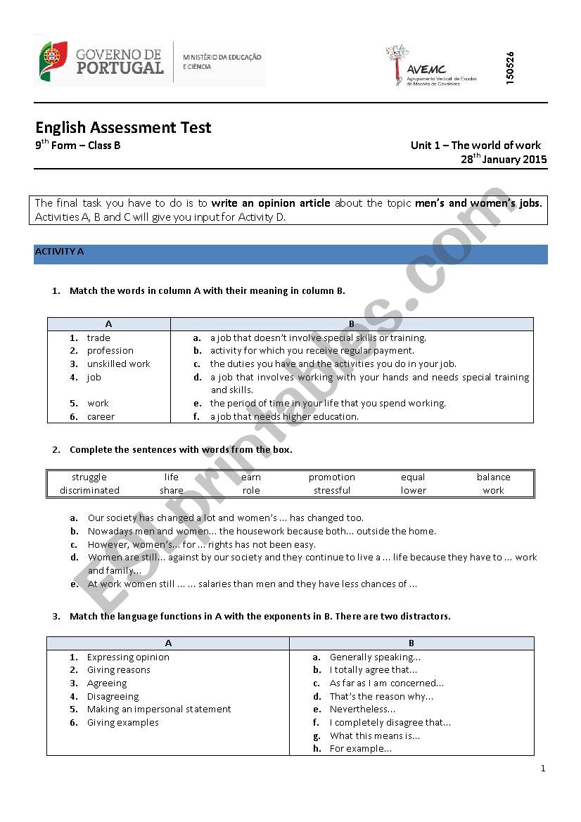 The world of work - test worksheet