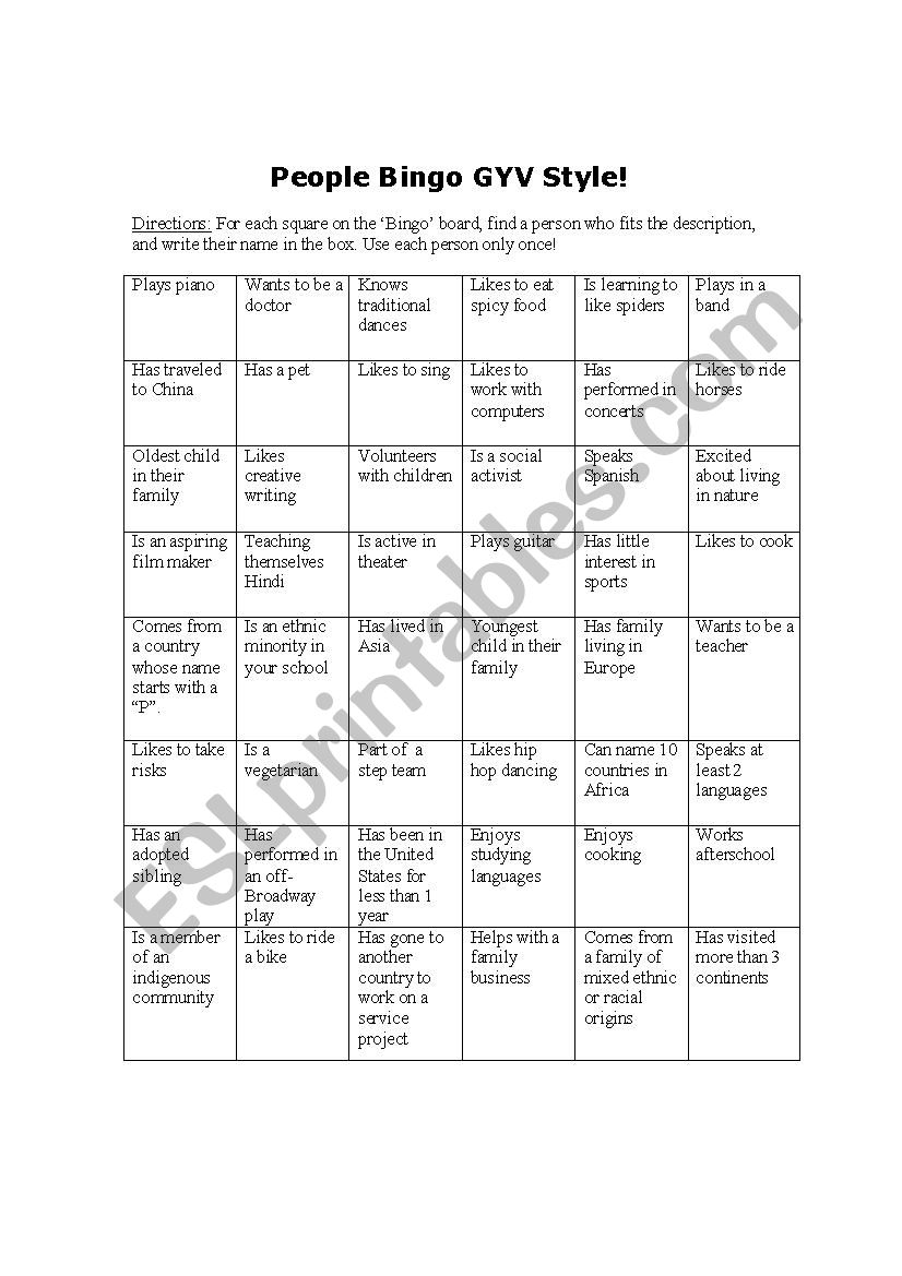 People Bingo worksheet