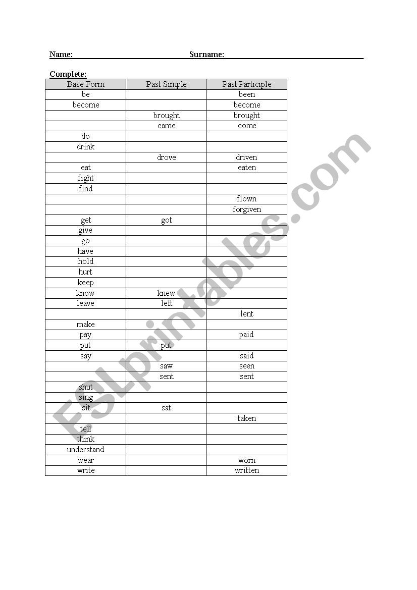 Complete the verbs list worksheet