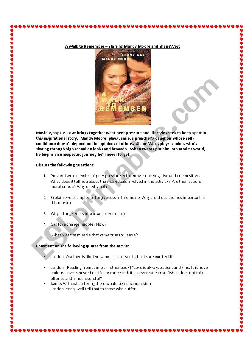A Walk to Remember movie worksheet