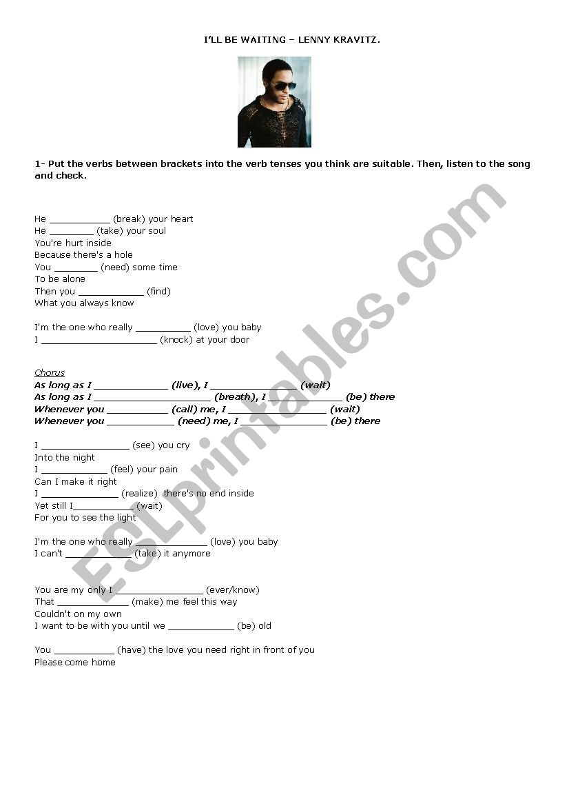 I´ll be waiting (Lenny Kravitz) - ESL worksheet by anapauladopazo
