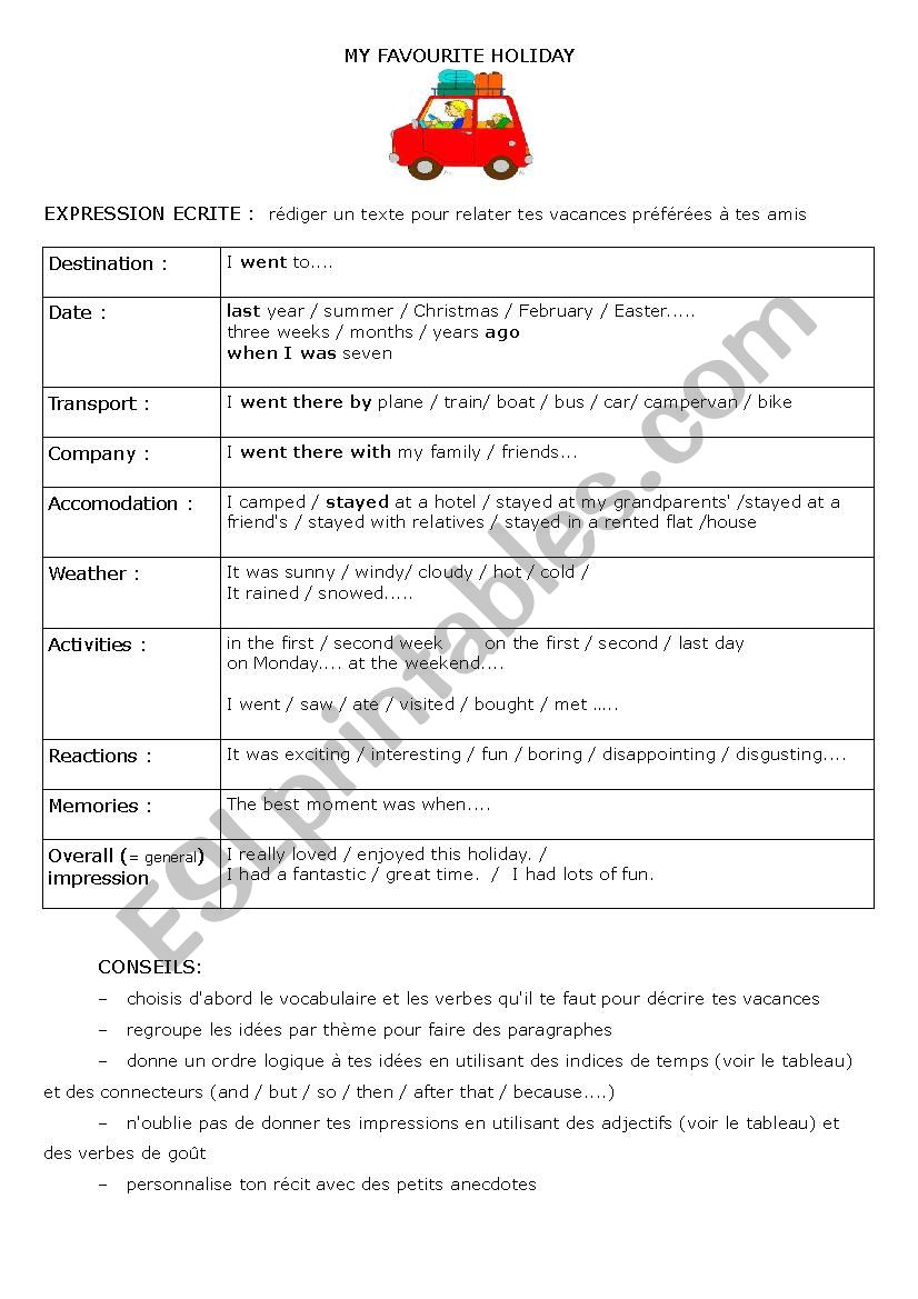 Holidays writing task worksheet