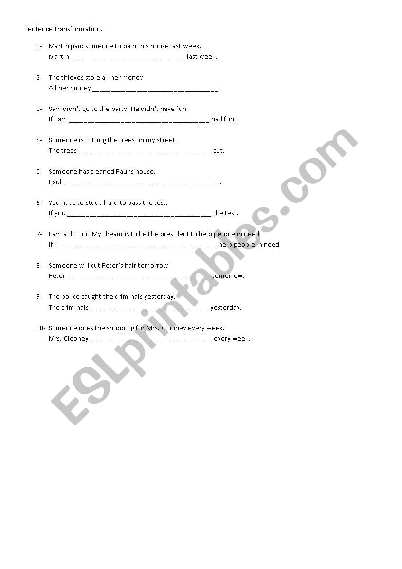 SENTENCE TRANSFORMATION worksheet