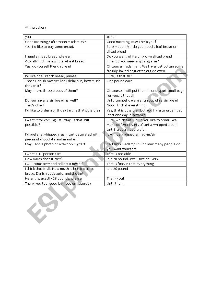 At the bakery, dialogue worksheet