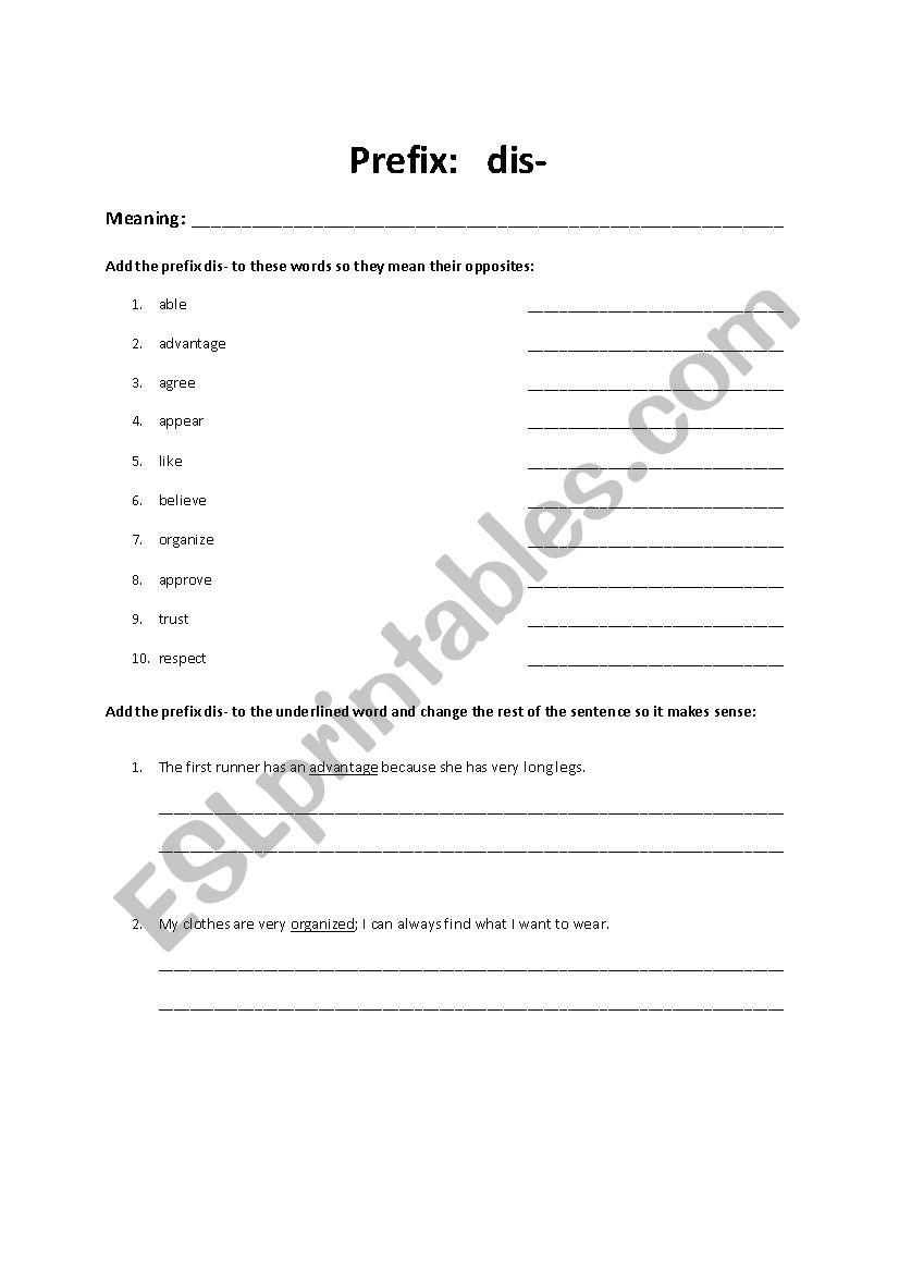 Prefixes worksheet