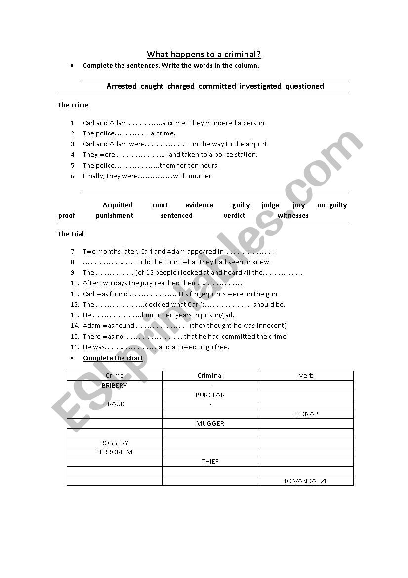 Vocabulary related to crime worksheet
