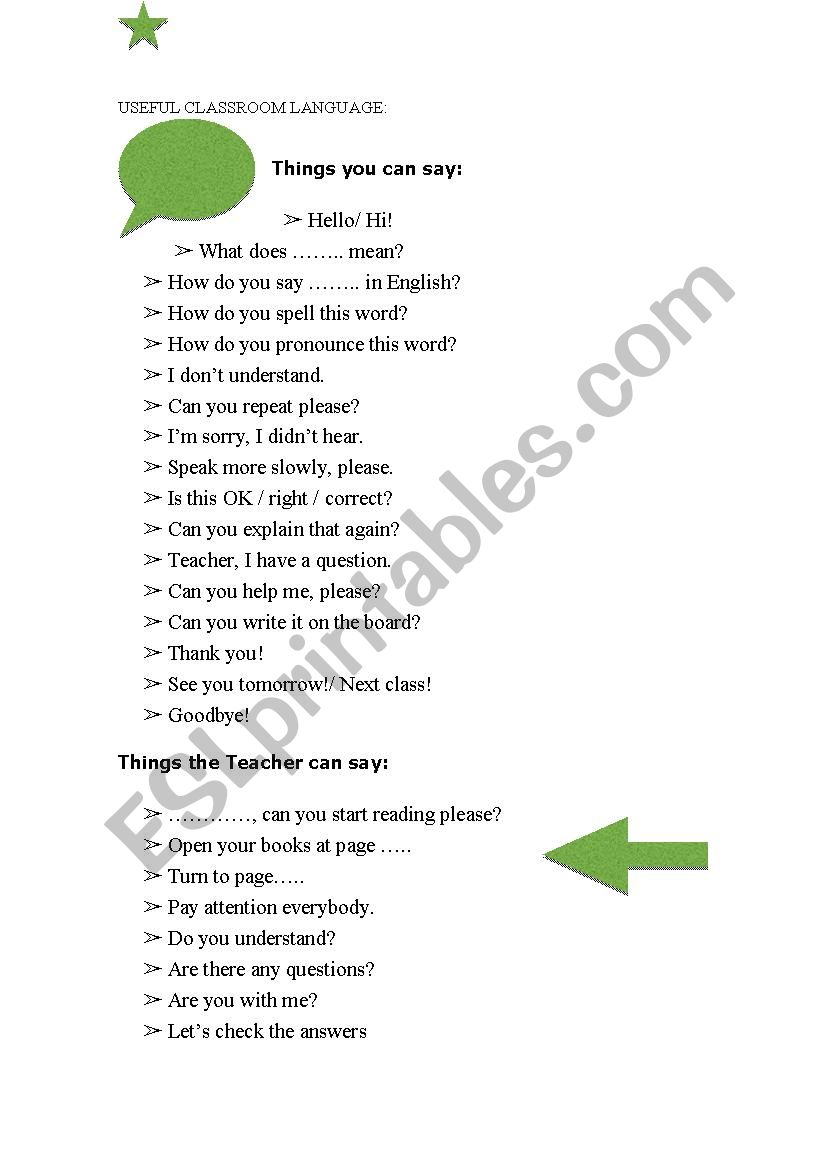 Useful Classroom Language worksheet