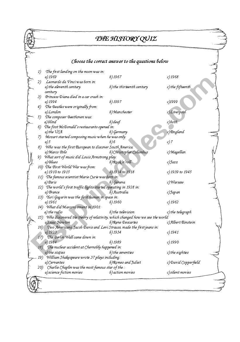 the history quiz worksheet