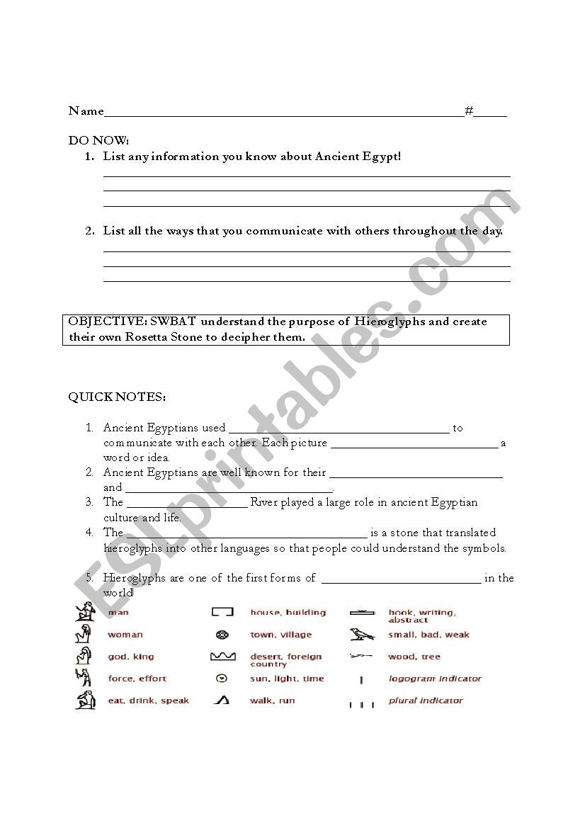 Egypt Hieroglypgics Lesson worksheet