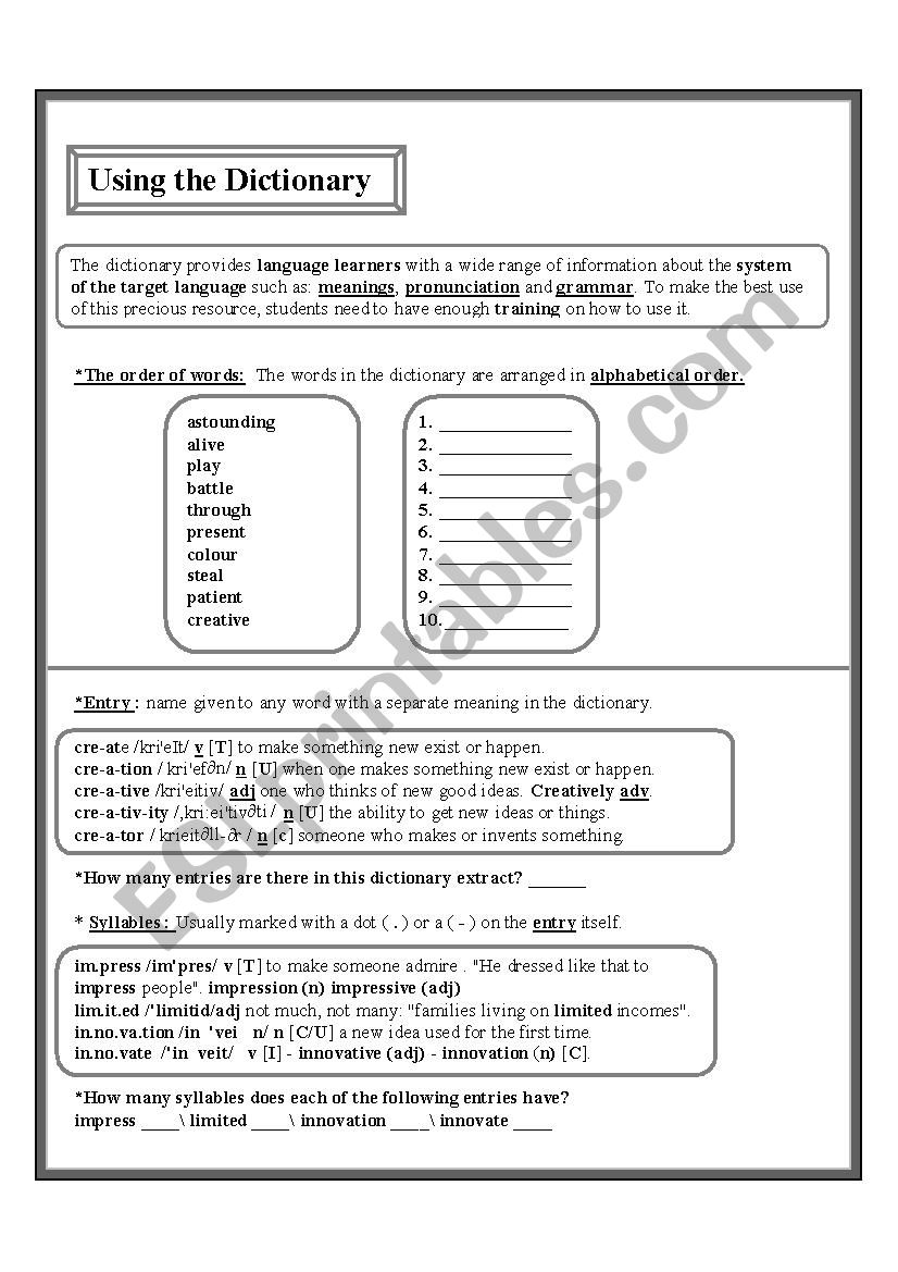 Using A French English Dictionary Worksheet