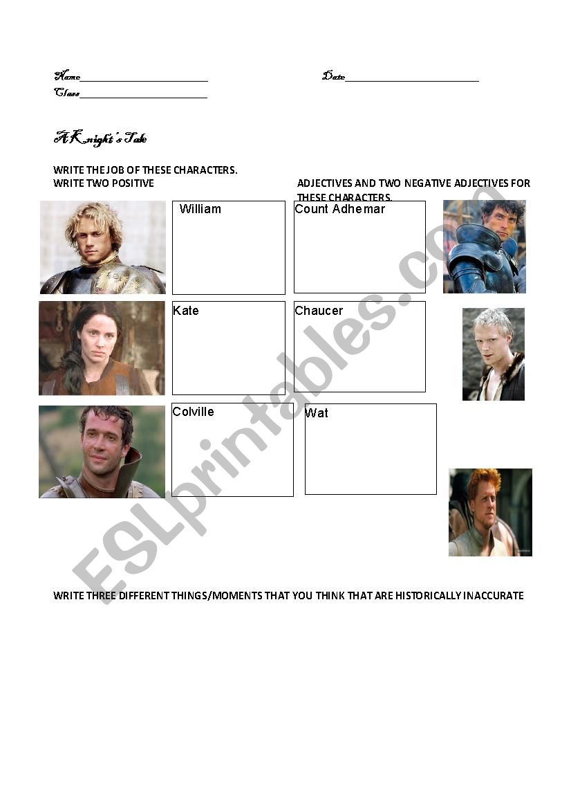 A Knights Tale worksheet