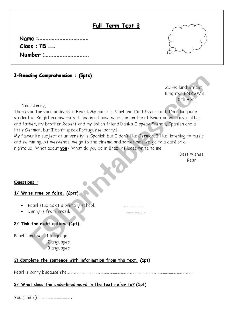 End-of- Term Test 3  7th Form worksheet
