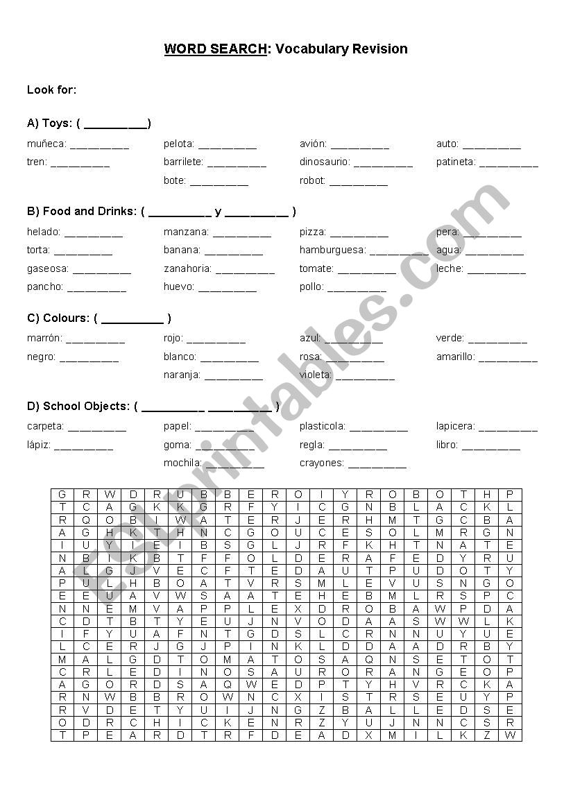 Vocabulary Wordsearch (toys, food and drinks, colours, school objects)